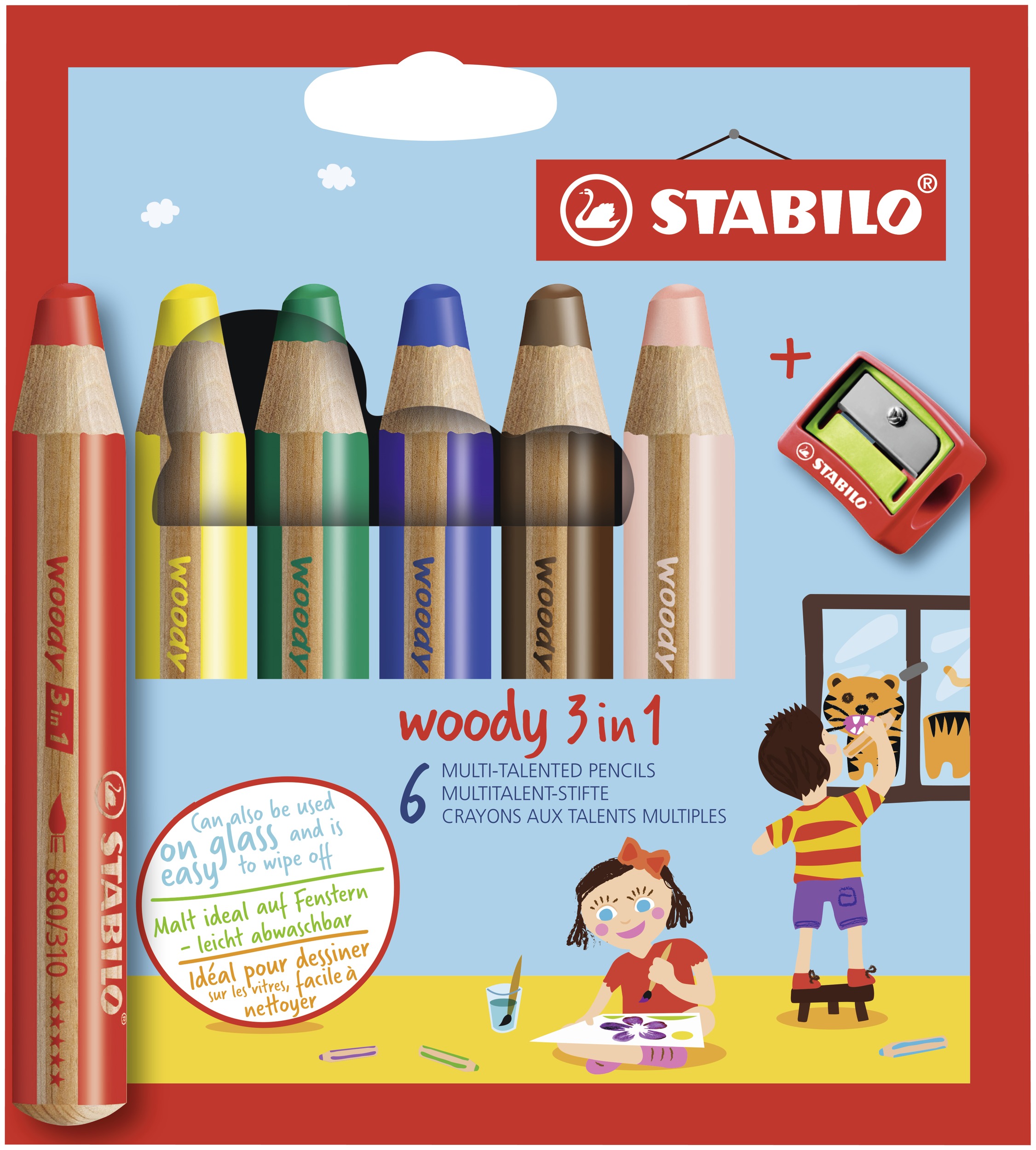 STABILO woody 3 in 1 6 ks Sada v kartonovém obalu s Ořezávátkem, 8806-2